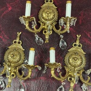 Antique Style Gold Wall Sconces with Crystal Drops (Set of 3) brass , 1950’s